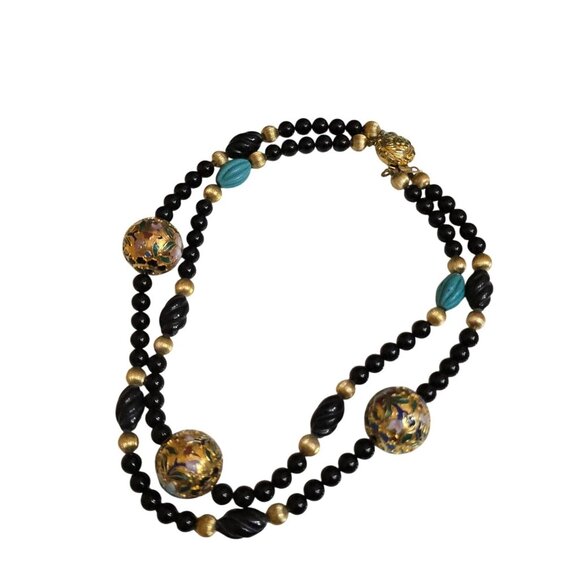 Vintage Signed Glass And Cloisonne Beautiful Double Strand Necklace (A9425) - Picture 4 of 5